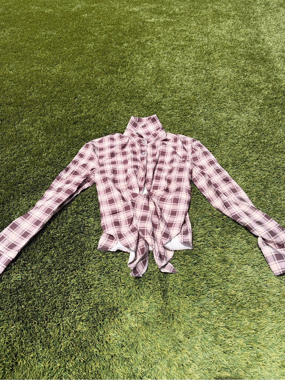 Women's Brown Plaid Tie-Front Long Sleeve Top